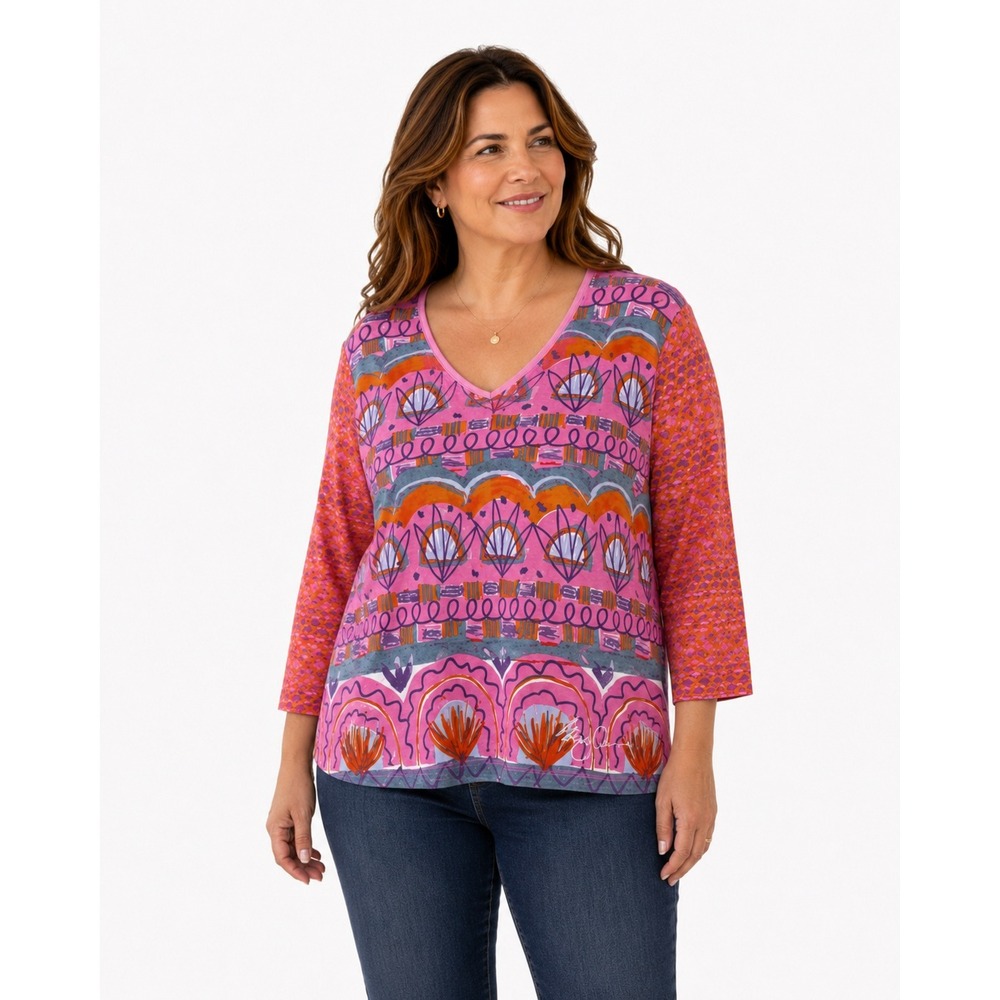 Sigrid Olsen Cotton Top Women XL Pink Abstract Art Print 3/4‎ Sleeve Boho Resort